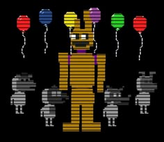 an old school computer game character with balloons in the shape of a rabbit and other characters