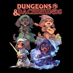 three dogs dressed up as knights and princesses in front of a black background with the words, dungeonss & dachshunds