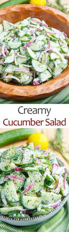 cucumber salad in a wooden bowl on top of a green table cloth with the title creamy cucumber salad