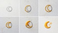 four pictures showing how to make an earring with yarn and thread in the shape of a crescent