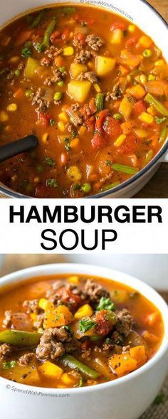 two pictures showing different types of hamburger soup