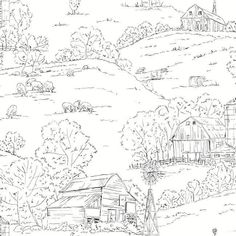 a black and white drawing of an old farm house on a hill with trees in the foreground