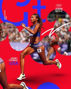 a woman running on the cover of a sports illustrated magazine, with an olympic symbol in the background