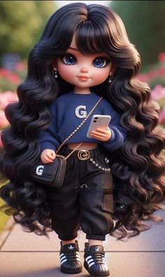 a doll with long black hair holding a cell phone