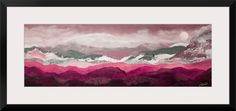 an abstract painting with pink and green mountains in the background, framed in black frame