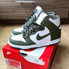 Nike Dunk High In White / Cargo Khaki Green In A Size 5y (Youth Or Big Kids) / 6.5w (Women’s Sizing). These Have Only Been Worn Once!! My Legs Are Short (And I Am Short Haha) So They Cut Me Off In A Weird Way, Otherwise They Run True To Size And I Love The Colorway!! They Come With The Original Box, Original Laces. Nike Dunk High Cargo Khaki, Futuristic Shoes, Cargo Khaki, Nike Dunk High, Dunk High, Nike Green, Grade School, Khaki Color, Nike Cortez Sneaker