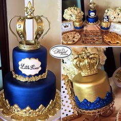 there is a blue and gold wedding cake with crown on top, along with other decorations