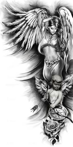 an angel with wings and a clock on it's back is shown in black and white