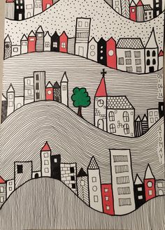 a drawing with houses and trees on it