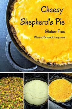 cheesey shepherd's pie in a cast iron skillet with four pictures showing how to make it