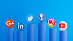 several social media icons are placed on top of each other in front of a blue background