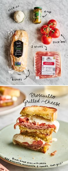 the ingredients for this sandwich are shown in two separate pictures, one with meat and cheese on it