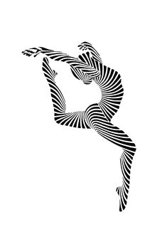 a black and white image of a woman in motion with stripes on her body, as if she is dancing