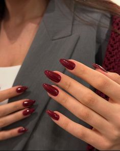 Red Nails Blonde Hair, Red Pointed Almond Nails, Rich Red Nails, French Manicure Different Colors, Almond Wine Nails, Almond Wine Red Nails, Kendall Jenner Red Nails, Elegant Long Almond Nails, Red Sparkly Almond Nails