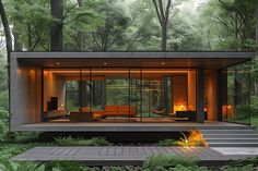 a modern house in the woods surrounded by trees