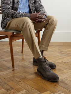 DESIGNED BY MR PORTER. Brogues were favoured by land-workers in the 19th century, though now they're more common in a semi-formal environment. Inspired by traditional pairs, Mr P.'s boots are made from vintaged, waxed-leather and set on Vibram 'Commando' soles. Take them to the cobbler when the treads eventually wear down. The Cobbler, Mr P, Brogue Boots, Leather Brogues, Summer Sunglasses, Boots For Men, Loungewear Shorts, Fine Jewelry Designers, Cobbler