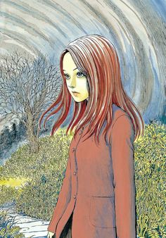 a painting of a girl with long red hair standing in front of a stormy sky