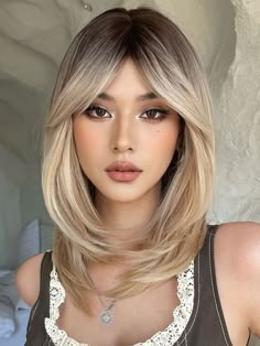 Long Blonde Wig, Blonde Bob Wig, Bangs Wig, Hooded Eyes, Medium Length Hair Cuts, Cortes De Cabello, Aesthetic Hair, Smokey Eye, Trendy Hairstyles