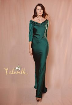 Cowl Neck Long Sleeves Dress/ Bridesmaids Silk Dress/ Emerald | Etsy Silk Dress Cowl, Emerald Silk Dress, Emerald Dresses, Long Sleeves Dress, Wedding Kimono, Silk Wedding Dress, Cowl Neck Long Sleeve, Sleeves Dress, Long Sleeve Maxi Dress