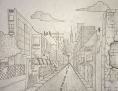 a pencil drawing of a city street with buildings and birds flying over the building tops