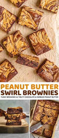 peanut butter swirl brownies are cut into squares and stacked on top of each other