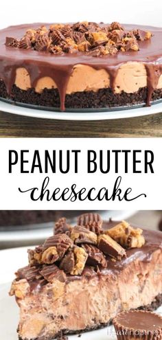 this peanut butter cheesecake is made with only three ingredients and has a chocolate crust