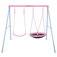 a pink and blue swing set with two swings on the bottom, one is empty