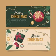 two christmas banners with presents and decorations