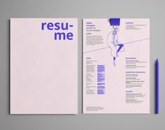 a white and blue resume on top of a piece of paper next to a pencil