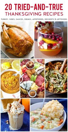 the cover of 20 tried - and - true thanksgiving recipes with pictures of turkey, sides, drinks, appetizers, desserts & leftovers