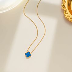 7967 Real Gold Necklace, Four Leaf Clover Necklace, Gold Girl, Wedding Party Jewelry, Clover Necklace, Waterproof Jewelry, Charm Pendant Necklace, Detailed Pictures, Blue Necklace