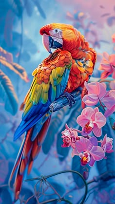 a colorful bird sitting on top of a tree branch next to pink and purple flowers