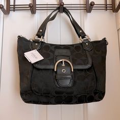 Nwt Coach Handbag. Originally Purchased At A Coach Store. Black Signature Fabric With Silver Buckle (Front Pocket). Long Purse Strap Included. Coach Market Tote, Nude Handbag, Coach Pillows, Coach Store, Coach Satchel, Coach Crossbody Purse, Handbag Essentials, Leather Tote Purse, Vintage Coach Bags