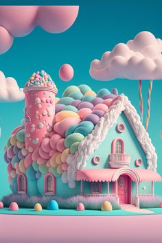 a pink house surrounded by clouds and balls