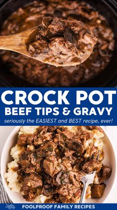 the crock pot beef tips and gravy recipe is shown in this ebook