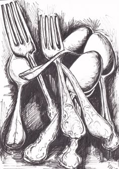 a black and white drawing of utensils and spoons