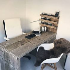 a chair and table with bottles on it