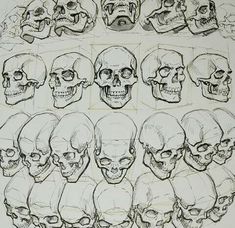 a bunch of skulls that are drawn in black and white ink with different facial expressions