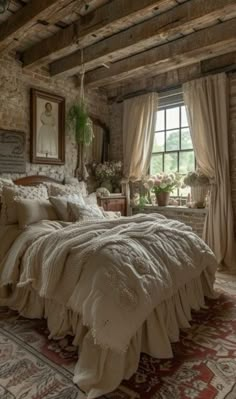 a bedroom with stone walls and exposed beams, an old - fashioned bed is surrounded by antique rugs