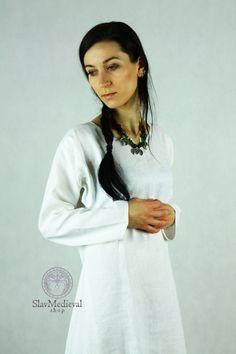 "Medieval chemise - Early Medieval linen underdress, dress for the summer. 100% linen. Universal for any style. Perfect for summer. Our color palette will offer you an option that is right for you. You can experiment with style, colors and accessories as you like. This early medieval linen dress is universal for the Vikings and Slavs or any other reenactors. Based on medieval iconography and archaeological finds from Europe. The dress has 2 gores on both sides. ---------------------------------- Medieval Long Sleeve Linen Dresses, Peasant Dresses For Medieval Festivals, Long Sleeve Dress For Larp, Bohemian Linen Medieval Dress For Larp, Cotton Dresses For Larp, Peasant Dresses For Larp, Medieval Long Sleeve Linen Dress For Larp, Peasant Style Medieval Linen Dress For Larp, Peasant Style Linen Medieval Dress For Larp