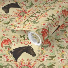 a wallpaper with horses on it and floral designs in the background, as well as an image of a horse's head