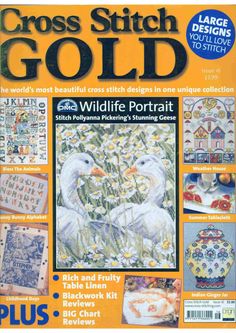 the cover of cross stitch gold magazine, with pictures of geese and flowers on it