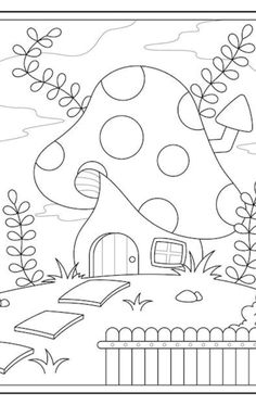 a mushroom house in the middle of a field with trees and bushes around it, coloring page