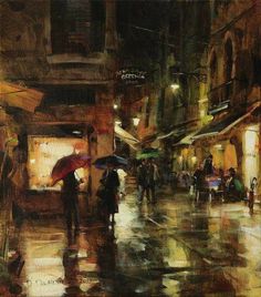 an oil painting of people walking in the rain with umbrellas on a city street