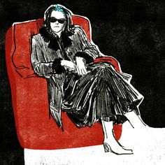 a drawing of a woman sitting in a red chair with her legs crossed and wearing sunglasses