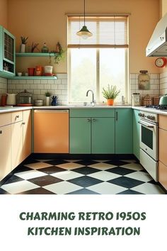 an old fashioned kitchen with green cabinets and checkerboard flooring is featured in the magazine charming retro 1950's kitchen inspiration