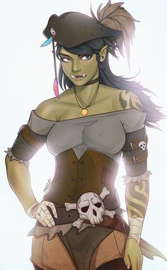 a woman in pirate garb with a skull on her chest and an arrow above her head