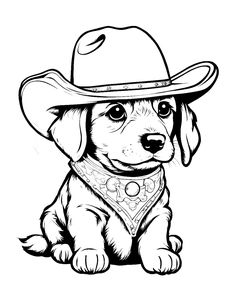 a black and white drawing of a dog wearing a cowboy hat with bandanna around it's neck