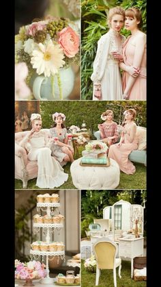 a collage of photos with flowers and greenery on them, including a bride and groom standing next to their wedding cake