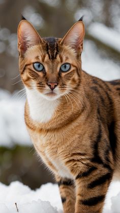 a cat with blue eyes standing in the snow